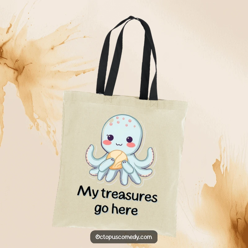 Funny kawaii octopus with a blush, holding a seashell, on a durable tote bag for a charming, cute carry-all.