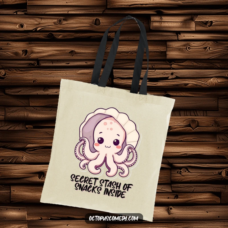 Funny kawaii octopus peeking from a seashell on a tote bag, cute and funny ocean souvenir.