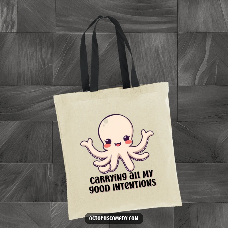 Funny kawaii octopus with arms reaching out in a friendly gesture on a tote bag, welcoming and useful gift.
