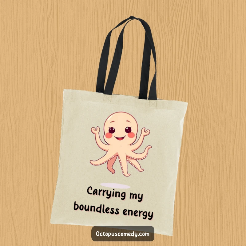 Funny jumping kawaii octopus with a silly grin on a tote bag, cheerful and practical gift.
