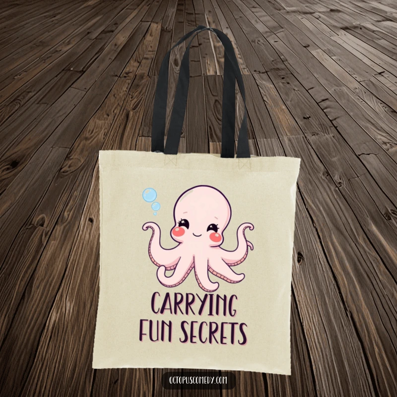 Funny octopus with a mischievous grin blowing bubbles, printed on a practical tote bag for shopping.