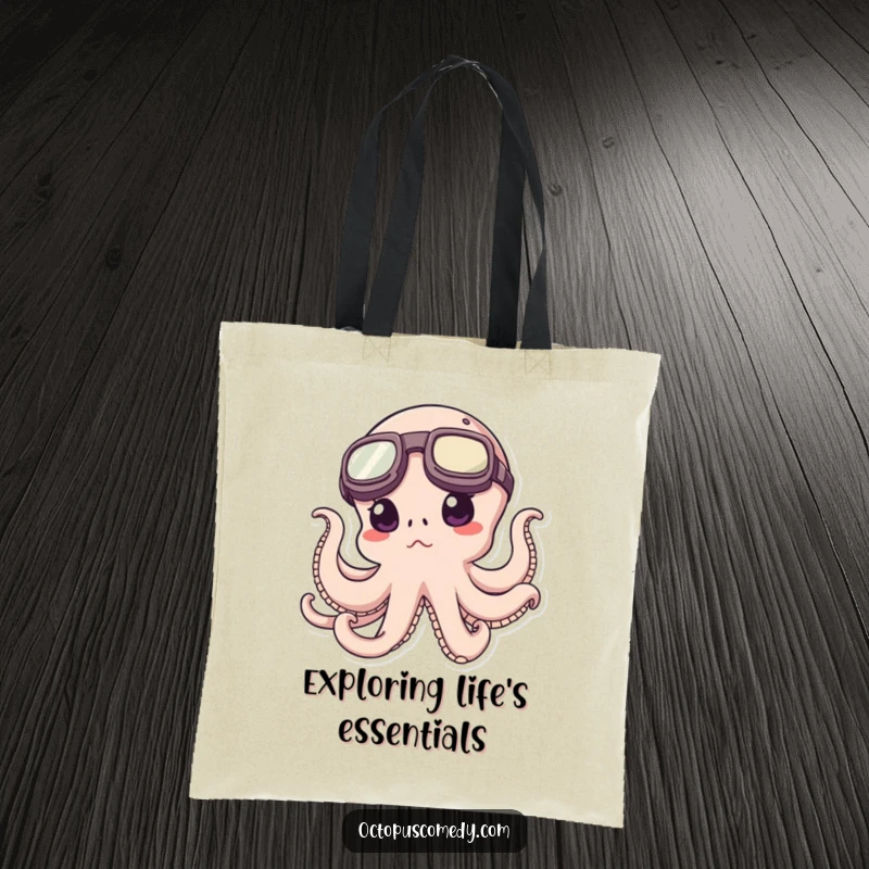Funny Octopus Explorer Tote Bag: A versatile tote bag featuring a funny octopus with large goggles, determined to explore.