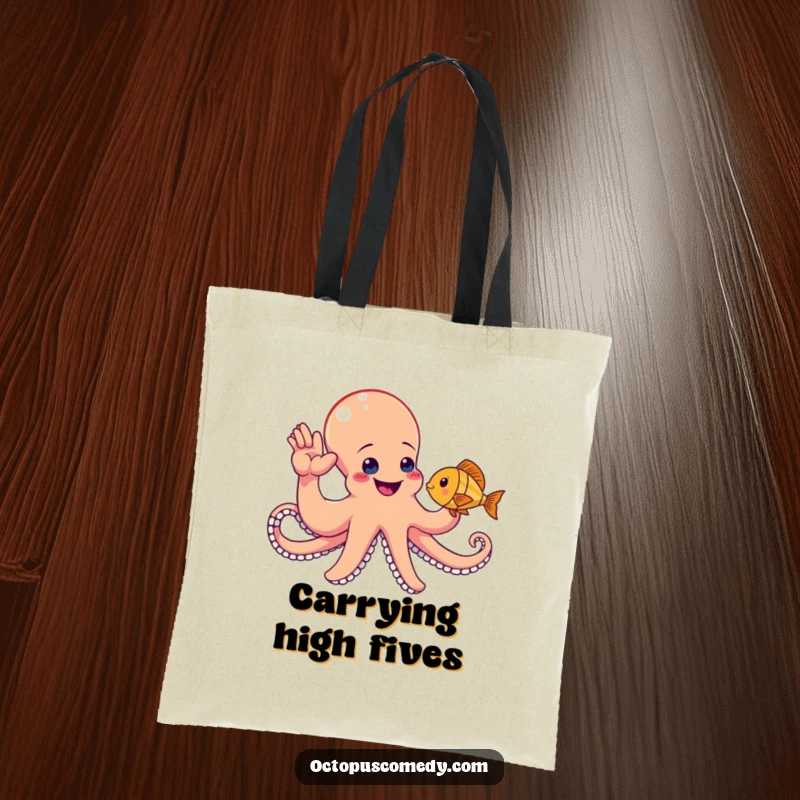 Funny octopus attempting a high-five with a fish, a humorous tote bag for carrying daily essentials.