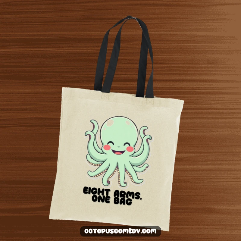 Funny octopus with a wide smile waving all eight arms, a humorous and functional tote bag.