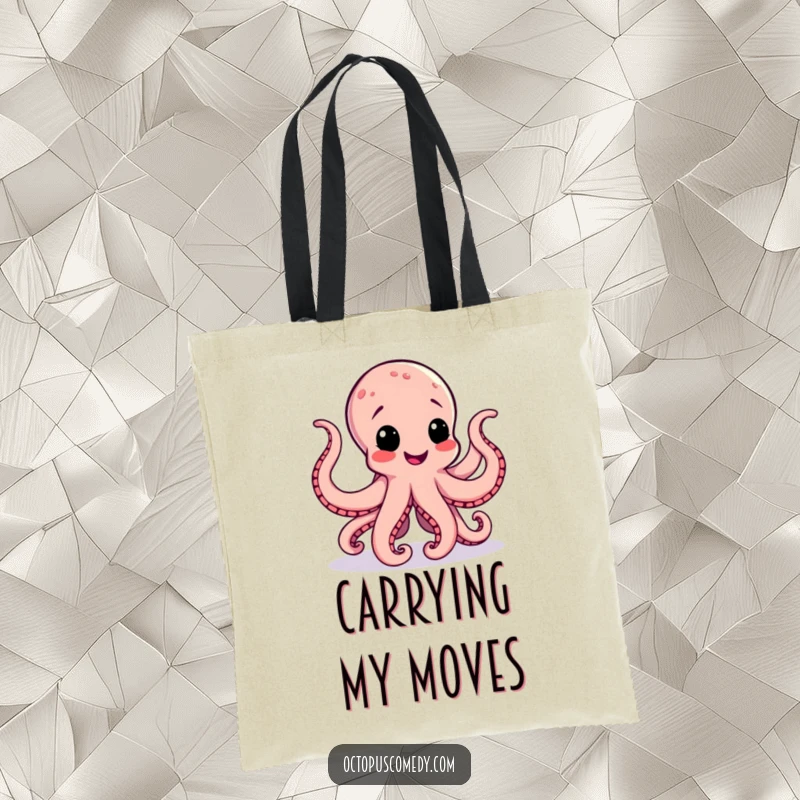 Funny tote bag featuring a happy octopus performing a lively jig with its tentacles extended, perfect for carrying items with flair.
