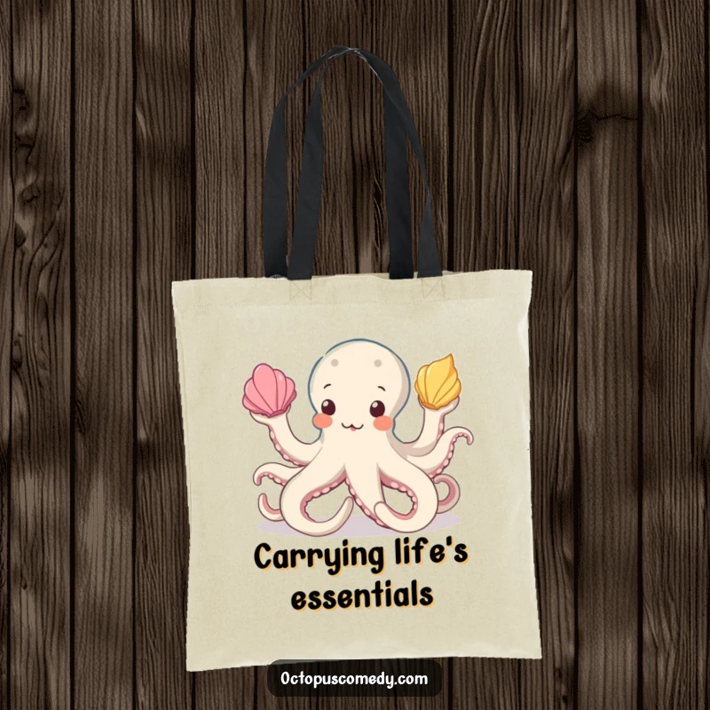 Funny octopus tote bag with a playful design of an octopus juggling seashells, making errands an entertaining spectacle.