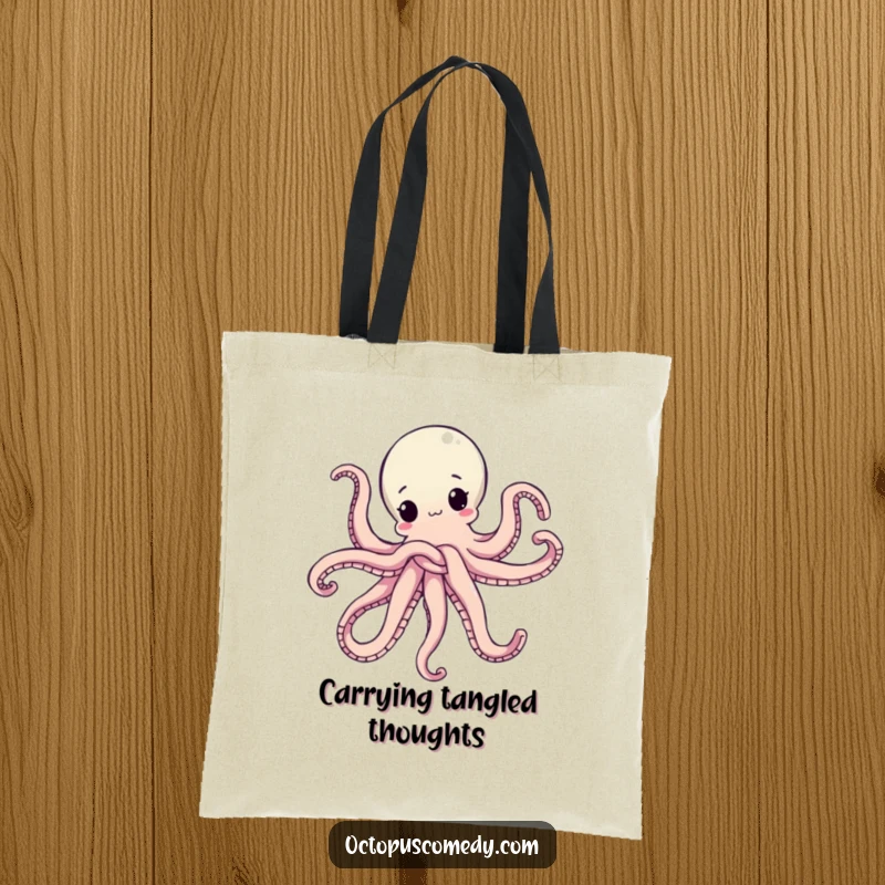 Funny tote bag showing an octopus in a comical knot of its arms, great for carrying items with a dose of funny chaos.