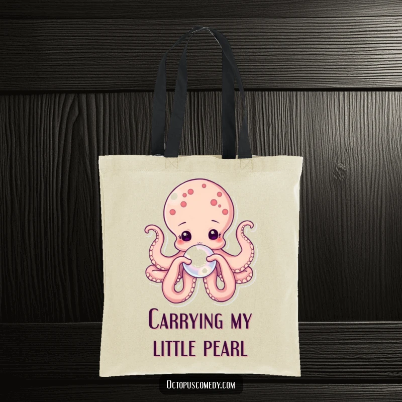 Funny octopus tote bag featuring a gentle octopus holding a shimmering pearl, blending practicality with oceanic elegance.