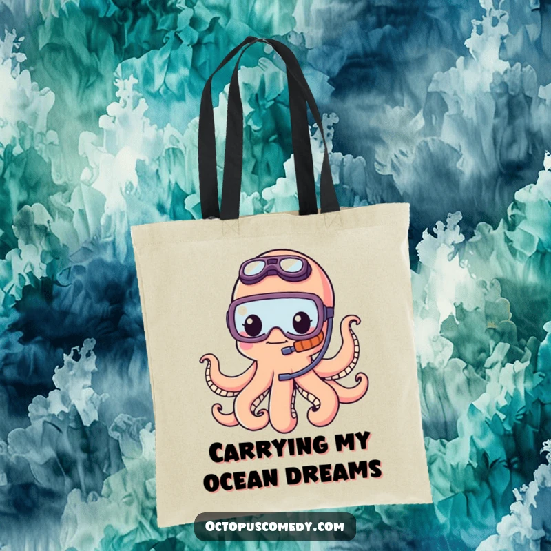 Funny kawaii octopus wearing a tiny snorkel, looking adventurous and ready for the sea on this durable and stylish tote bag.