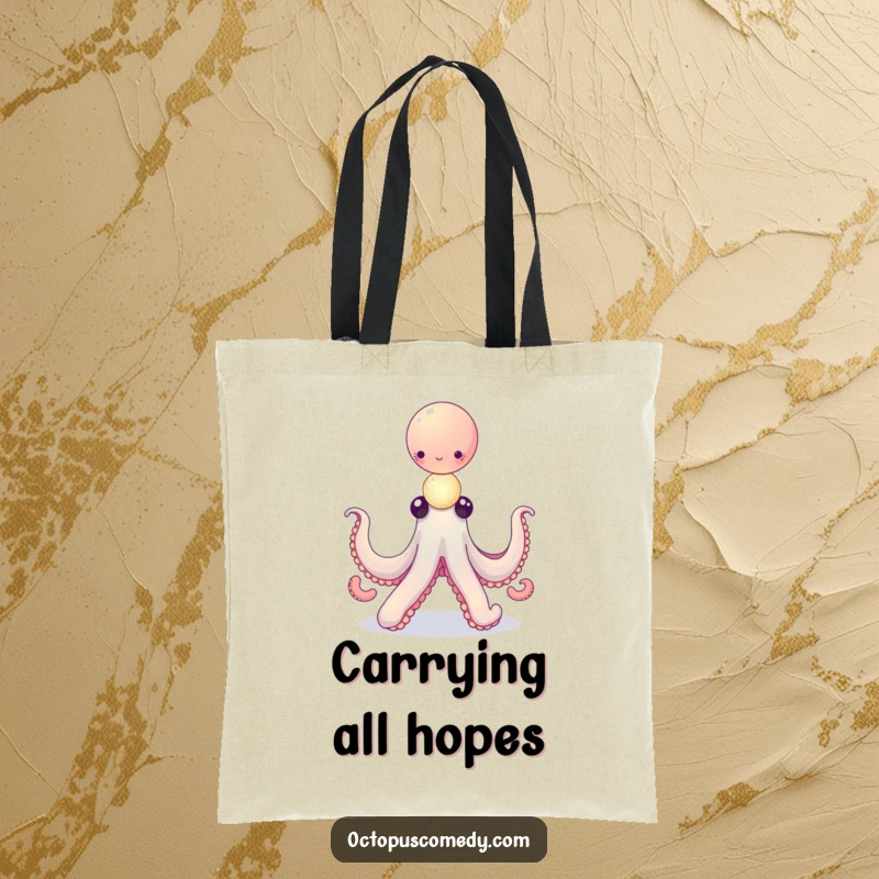 Funny octopus balancing a delicate stack of tiny, glowing orbs on a tote bag, representing wonder and skill, ideal gift.
