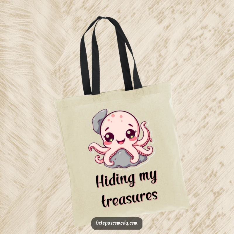 Funny Octopus Tote Bag: A durable bag with a cute octopus character, its happy eyes peeking from a rock.