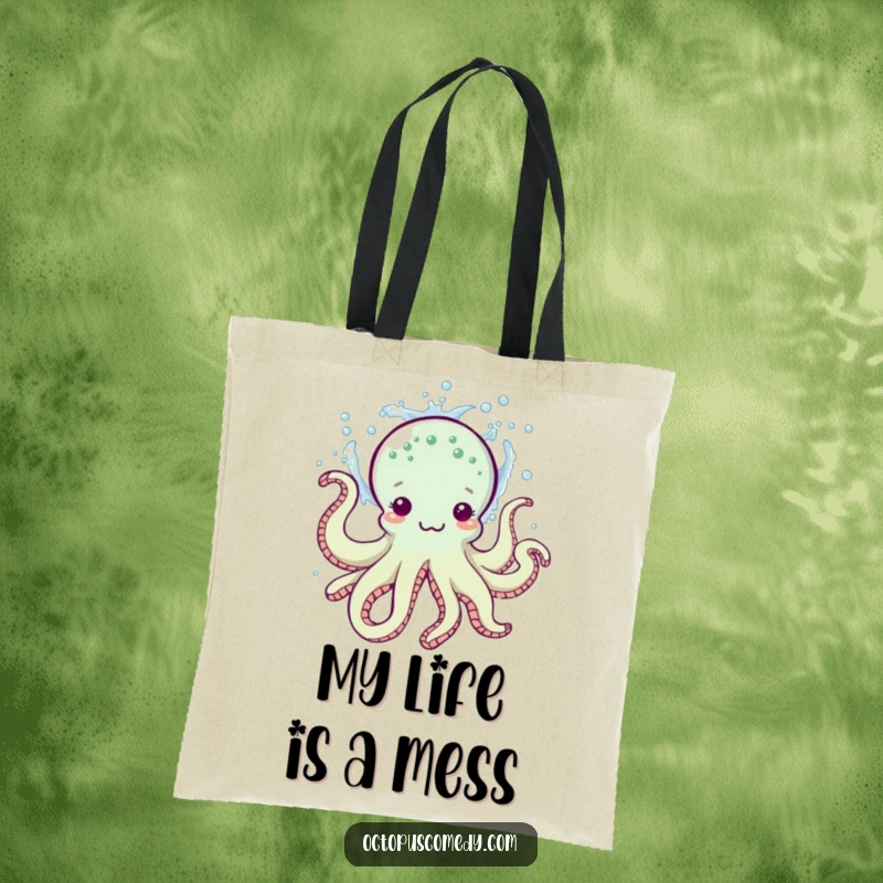 Funny tote bag designed with a lively octopus splashing water, perfect for carrying items with a humorous and playful vibe.