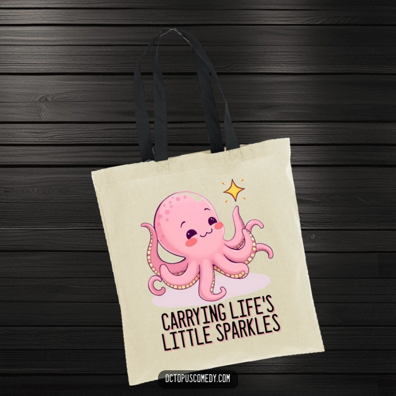 Funny Octopus Tote Bag: An octopus uses its many arms in a comical chase after a tiny, animated sparkle, perfect for everyday use.