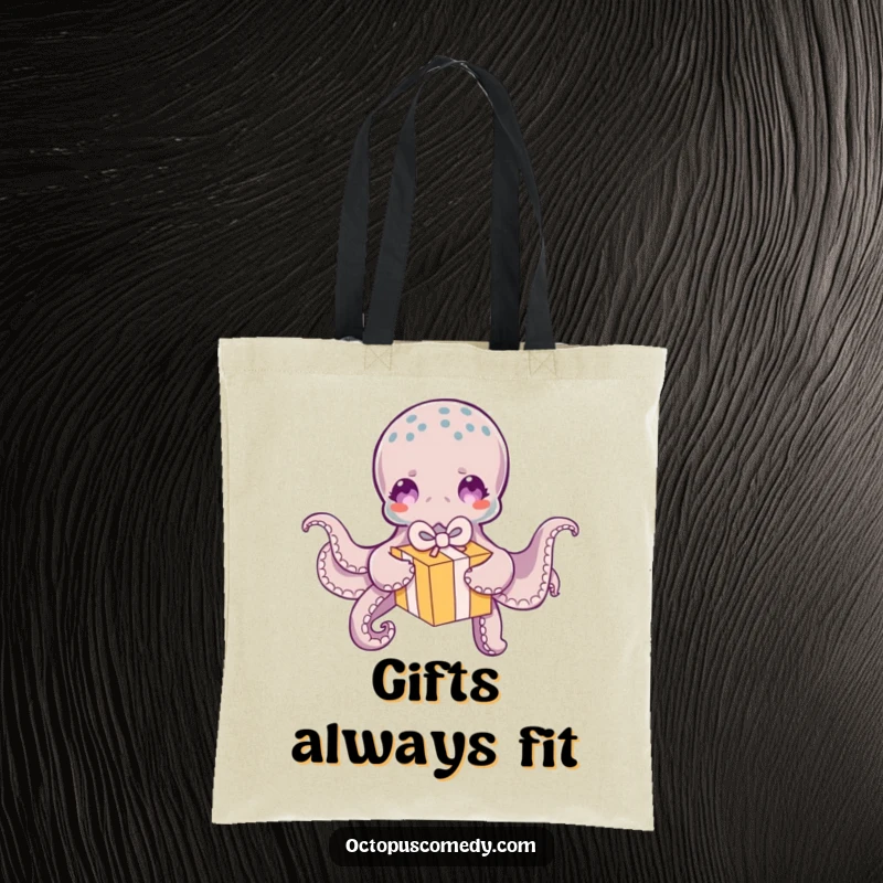 Funny Octopus Tote Bag: A charming tote bag featuring a funny octopus excitedly unwrapping a small, colorful gift box.