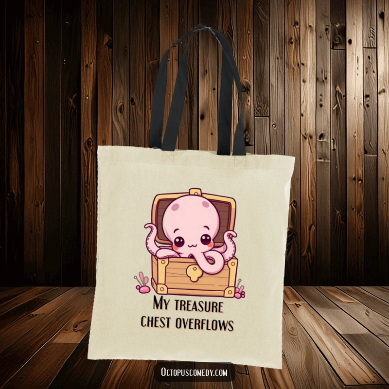Funny tote bag with a curious octopus peeking from a brimming treasure chest, emphasizing humor and adventure.