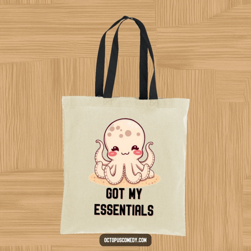 Funny tote bag with a satisfied octopus resting on a sandy bottom, perfect for carrying items with a humorous and relaxing vibe.