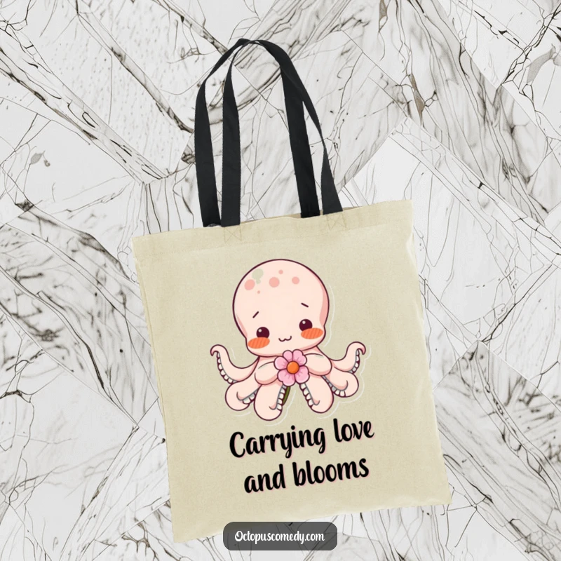 Funny shy octopus blushing with rosy cheeks, holding a small flower, depicted on a durable and stylish tote bag.