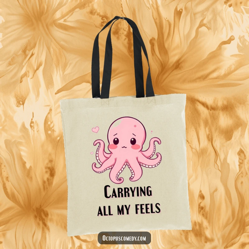 Funny tote bag showcasing a surprised and blushing octopus caught in a gentle flow, making it a humorous and practical gift.