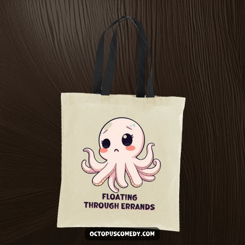 Funny octopus with a surprised blink, floating upwards on a durable tote bag, perfect for carrying daily surprises.