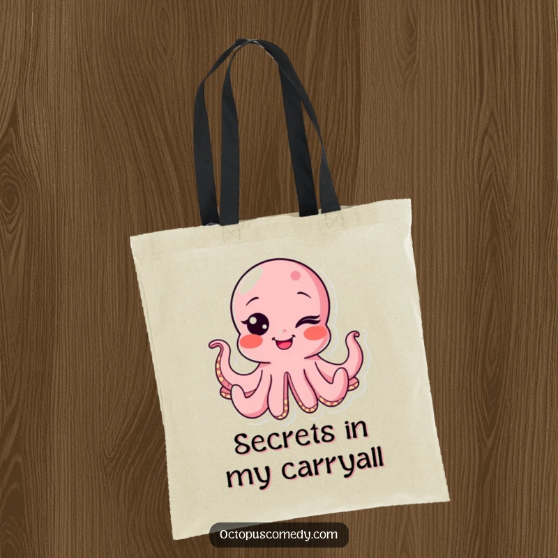 Funny octopus tote bag depicting a charmingly mischievous octopus winking with a bubbly smile, great for everyday use.