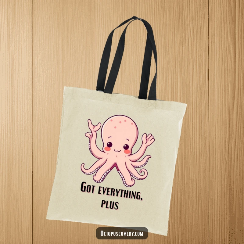 Funny tote bag featuring a kawaii octopus with multiple arms cheerfully waving hello, making it a cute and practical accessory.