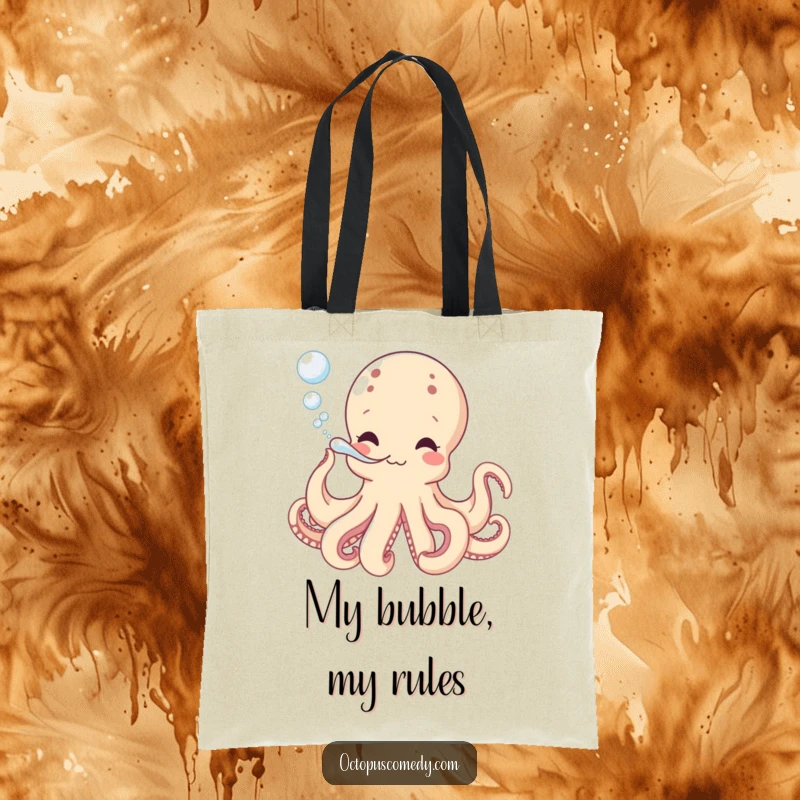 Funny tote bag with a happy octopus blowing bubbles, practical for shopping and carrying items with a playful, funny feel.