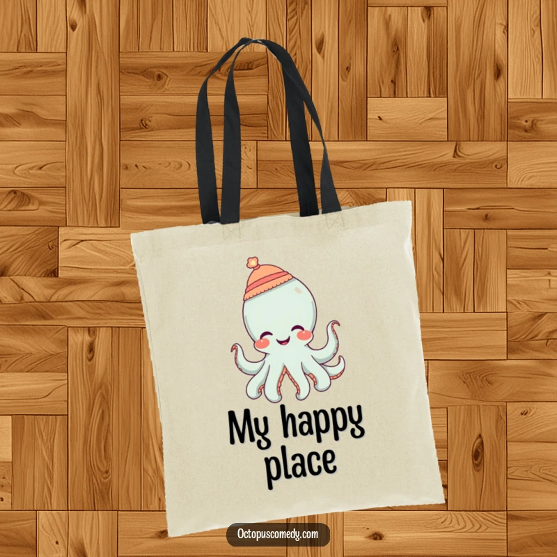 Funny octopus wearing a tiny hat and giggling, a humorous and functional tote bag.