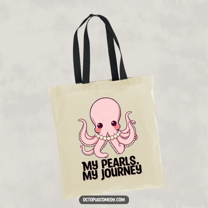 Elegant octopus wearing a string of pearls, looking refined on a stylish tote bag, perfect for carrying essentials.