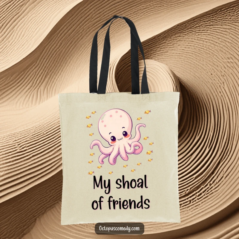 Funny octopus happily drifting through a school of small, sparkly fish on a tote bag, representing joy and movement, ideal gift.
