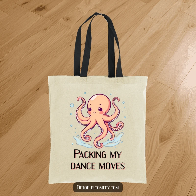 Funny octopus dancing with swirling tentacles in a bubbly current, a humorous tote bag for daily use.