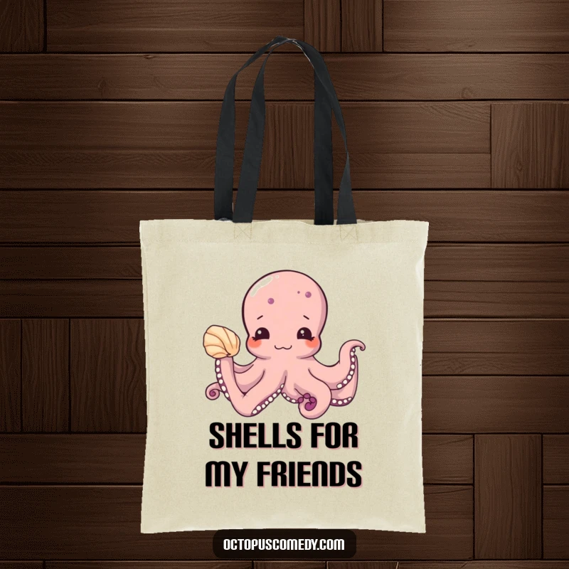Funny tote bag with a shy octopus offering a seashell, practical and cute for shopping or everyday use as a funny gift.