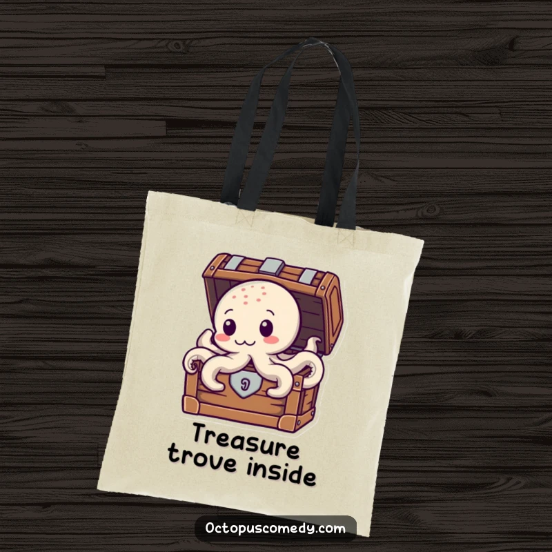 Funny Treasure Octopus Tote Bag, featuring a peekaboo octopus hiding behind a treasure chest, great for carrying daily finds.